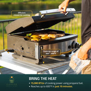 Elite1B countertop griddle set up on backyard patio with propane tank