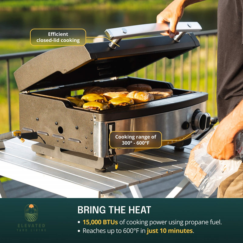 Elite1B countertop griddle set up on backyard patio with propane tank