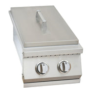Stainless steel grill with two control knobs on a white background