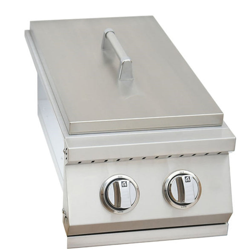 Stainless steel grill with two control knobs on a white background