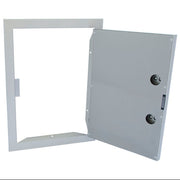 Metallic rectangular panel with a hinged door on a white background