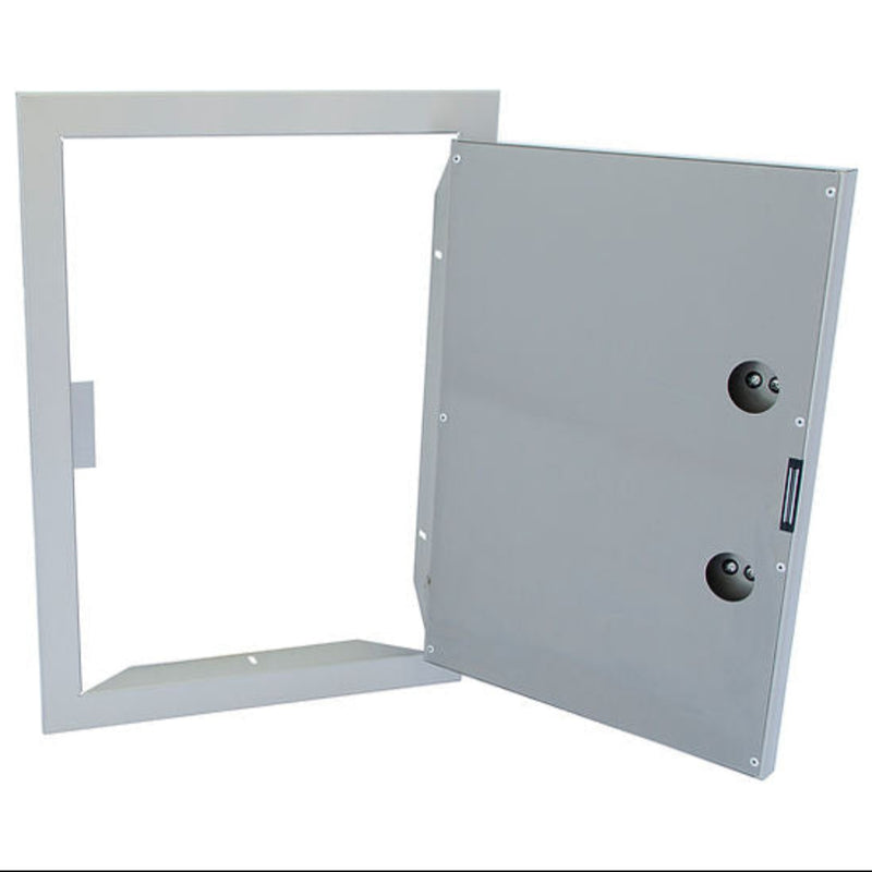 Metallic rectangular panel with a hinged door on a white background