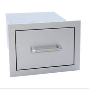 Stainless steel outdoor drawer with handle on a white background