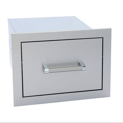 Stainless steel outdoor drawer with handle on a white background