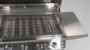 Stainless steel grill with open lid on a white background