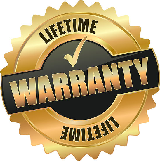 Gold and black 'Lifetime Warranty' badge with a checkmark on a white background