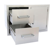Stainless steel outdoor kitchen drawer unit with two drawers on a white background