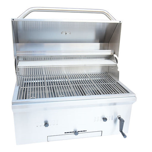 Stainless steel grill with open lid on a white background