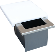 Modern outdoor table with white top and gray base on a white background