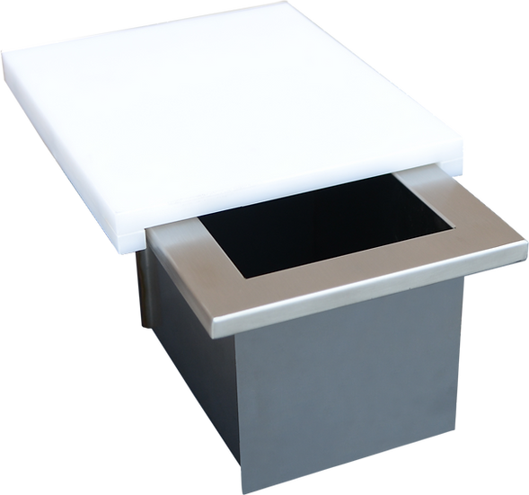 Modern outdoor table with white top and gray base on a white background