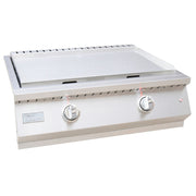 Stainless steel griddle with three control knobs on a white background