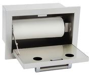 Stainless steel wall-mounted paper towel dispenser with a roll of paper towels inside.