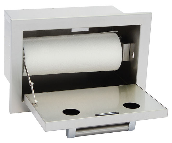 Stainless steel wall-mounted paper towel dispenser with a roll of paper towels inside.