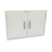 Stainless steel outdoor kitchen cabinet with two doors and handles on a white background