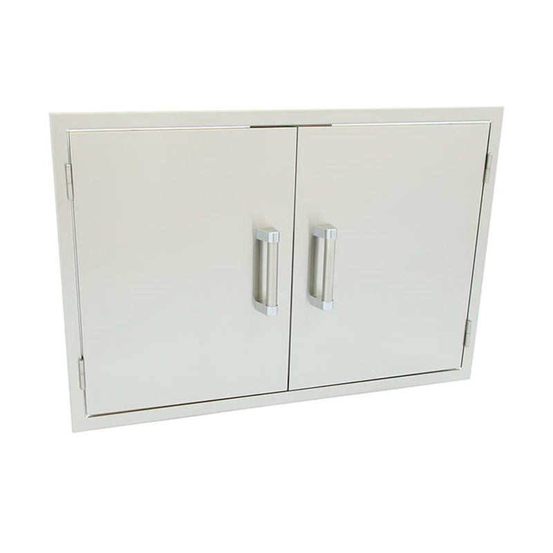 Stainless steel outdoor kitchen cabinet with two doors and handles on a white background