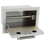 Stainless steel wall-mounted trash receptacle with a pull-out tray on a white background