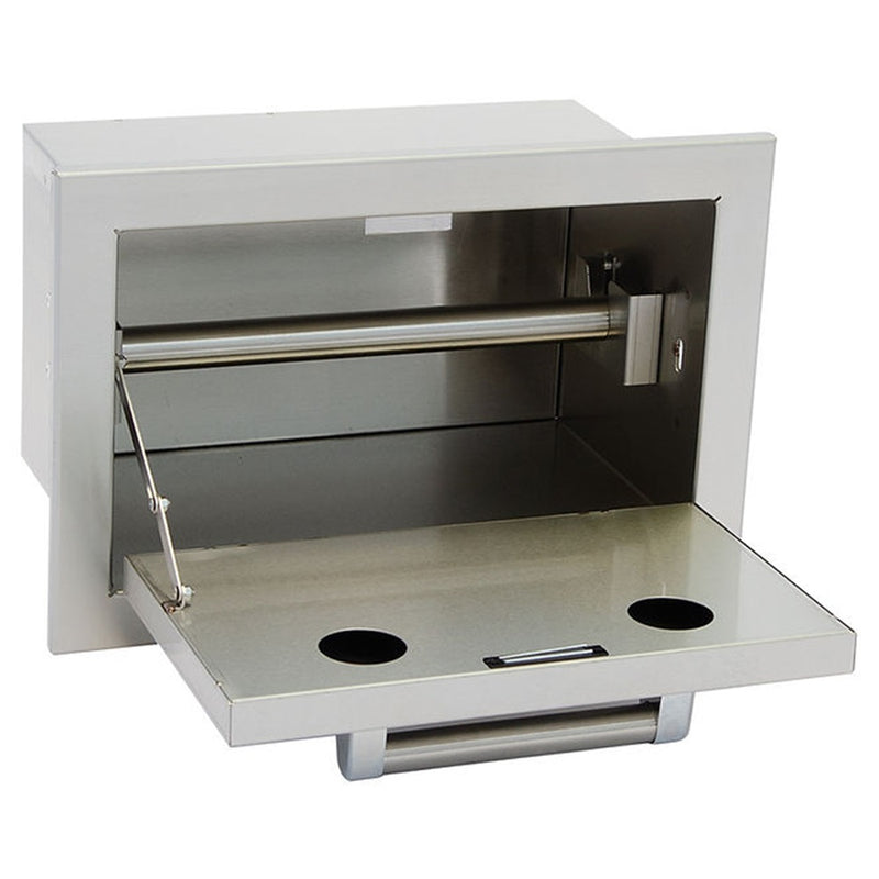 Stainless steel wall-mounted trash receptacle with a pull-out tray on a white background