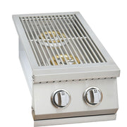 Stainless steel grill with two knobs on a white background
