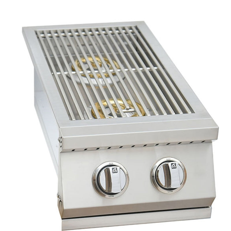 Stainless steel grill with two knobs on a white background
