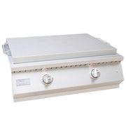Stainless steel grill with two control knobs on a white background