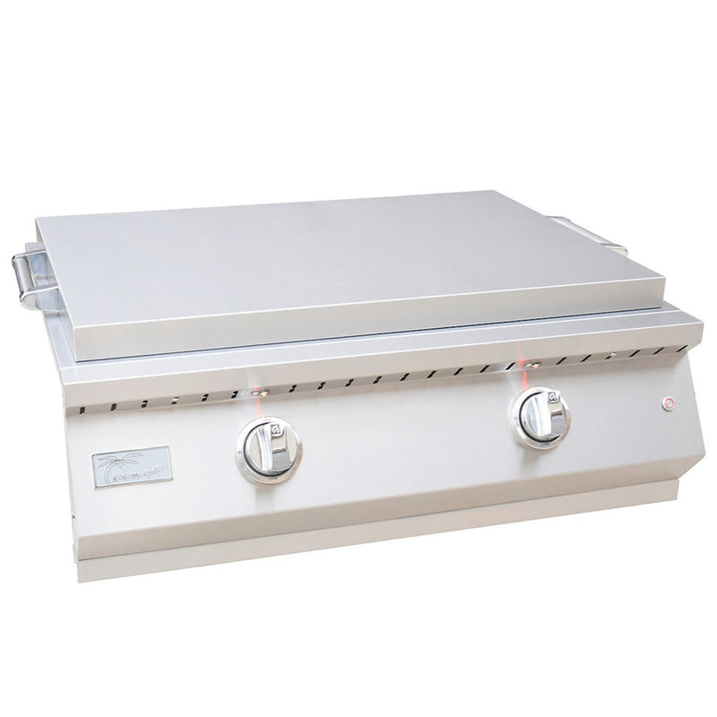Stainless steel grill with two control knobs on a white background