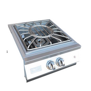 Stainless steel gas stove with two burners on a white background