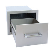Metal drawer unit with one drawer open on a white background