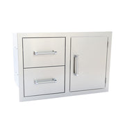 Stainless steel outdoor kitchen cabinet with two drawers and a door on a white background