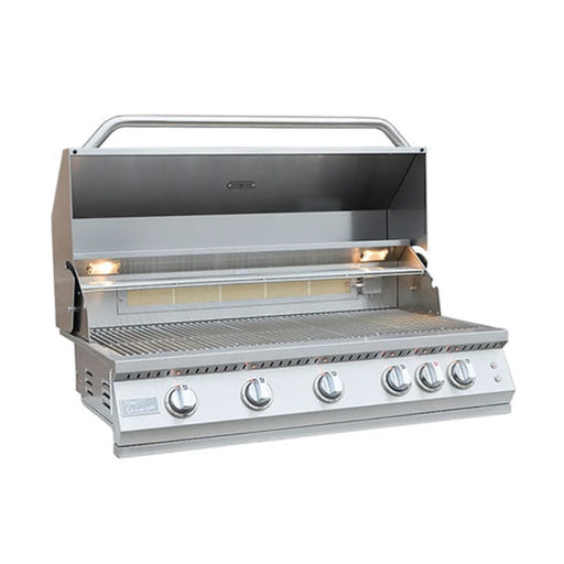 Stainless steel grill with visible brand logo on a white background