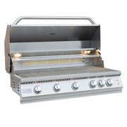 Stainless steel grill with five burners on a white background