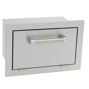 Stainless steel outdoor kitchen drawer with handle on a white background