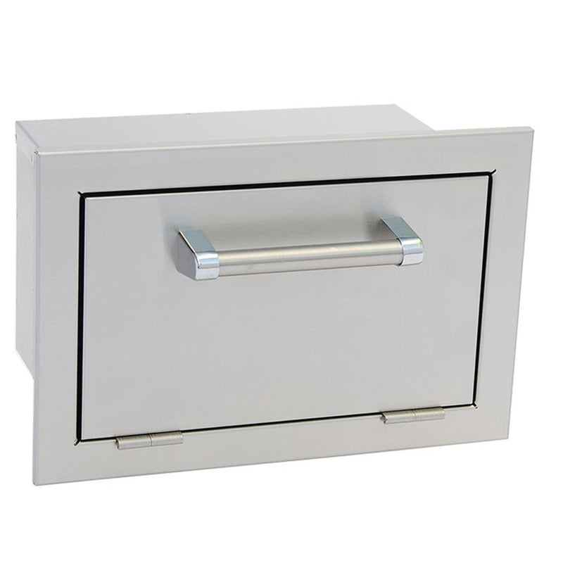 Stainless steel outdoor kitchen drawer with handle on a white background