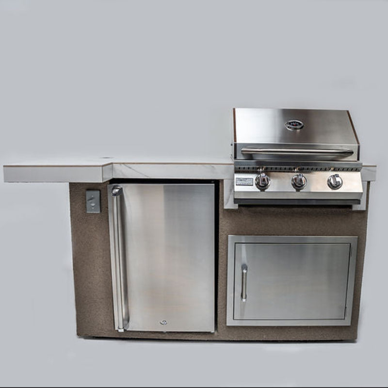 Stainless steel outdoor kitchen grill and cabinets on a gray background