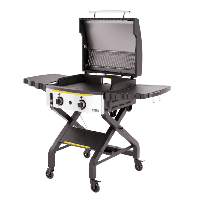 Elite2B griddle cooking burgers and steaks across four heat zones