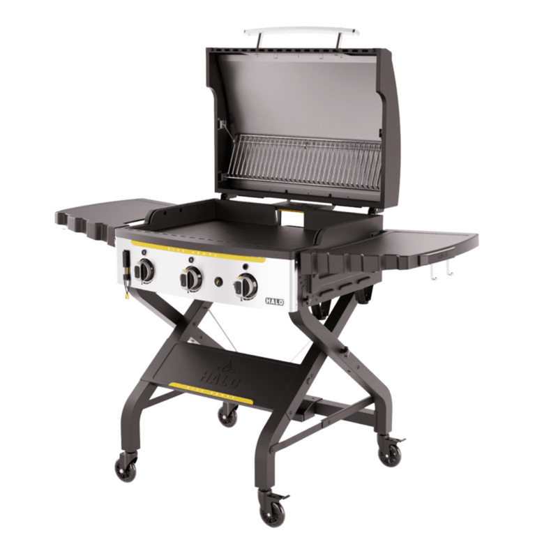 Elite3B triple burner griddle cooking steaks and vegetables across six zones