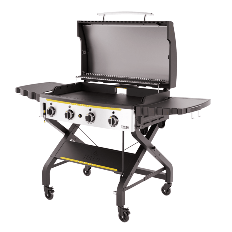 Elite4B four burner griddle cooking breakfast and burgers across eight zones