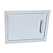 Stainless steel wall-mounted storage compartment with a handle on a white background
