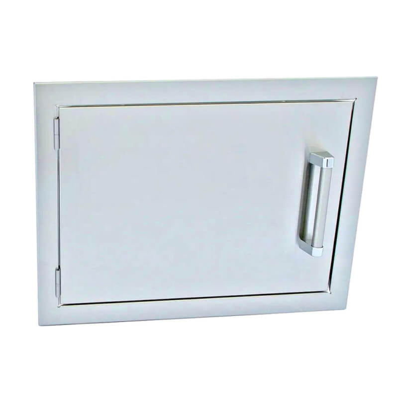 Stainless steel wall-mounted storage compartment with a handle on a white background