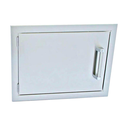 Stainless steel wall-mounted storage compartment with a handle on a white background