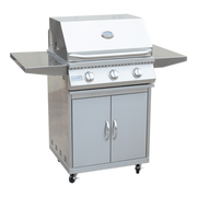 Stainless steel grill with control knobs and cabinet on a white background