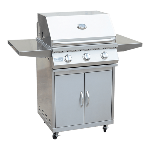 Stainless steel grill with control knobs and cabinet on a white background