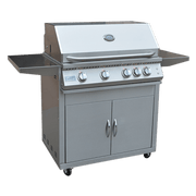 Stainless steel barbecue grill with storage cabinets on a green background