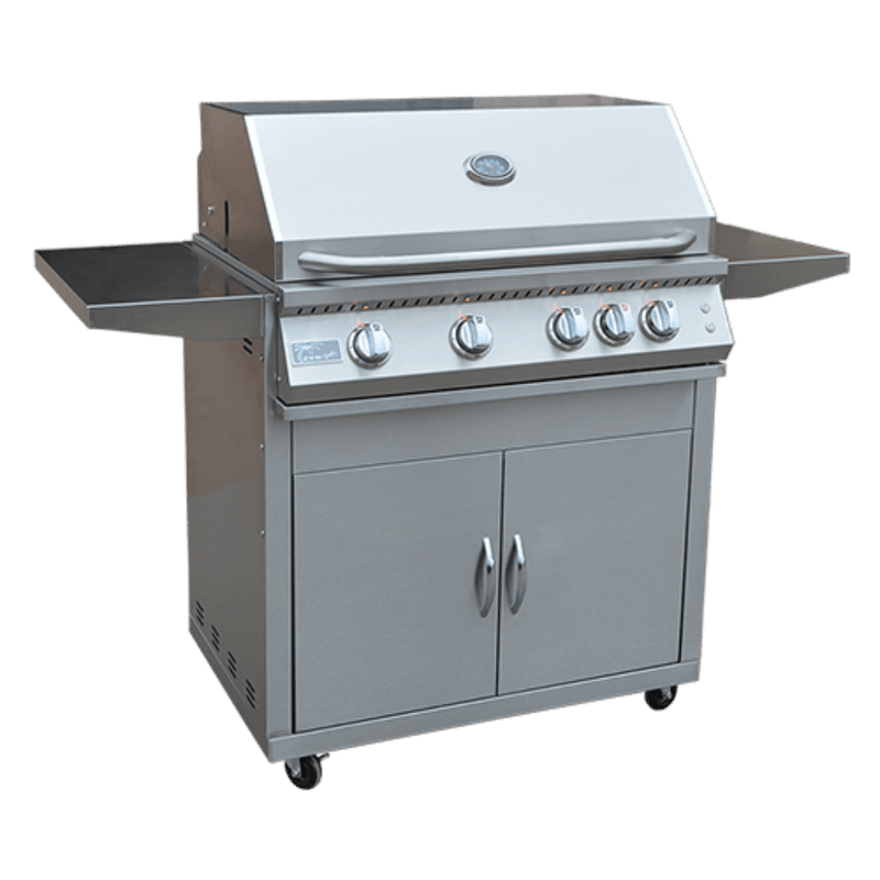 Stainless steel barbecue grill with storage cabinets on a green background