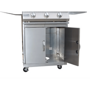 Stainless steel outdoor grill with open cabinet door on a white background