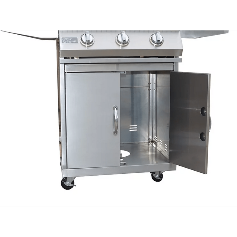 Stainless steel outdoor grill with open cabinet door on a white background