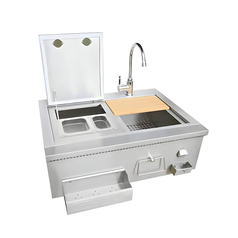 Stainless steel kitchen prep station with sink and faucet on a white background