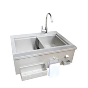Stainless steel kitchen sink with faucet on a white background