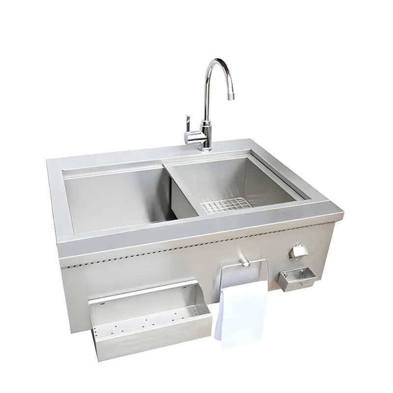 Stainless steel kitchen sink with faucet on a white background