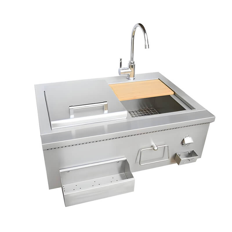 Stainless steel outdoor kitchen sink with faucet on a white background