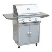 Stainless steel grill with cabinets on a white background